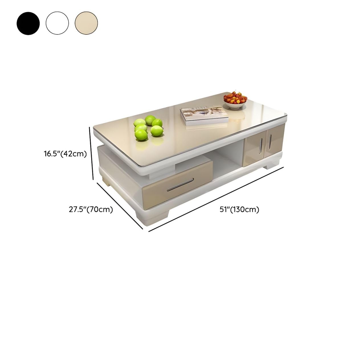 Modern Rectangular Glass Coffee Table with White Wood Base and Storage G197