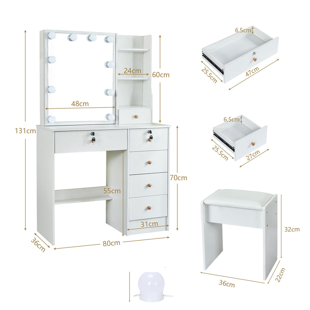 White Vanity Mirror with Lights Desk and Chair 5 Drawers Makeup Table U7573