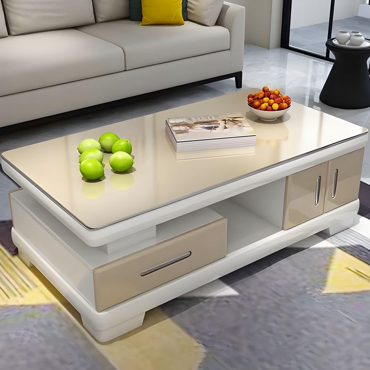 Modern Rectangular Glass Coffee Table with White Wood Base and Storage G197