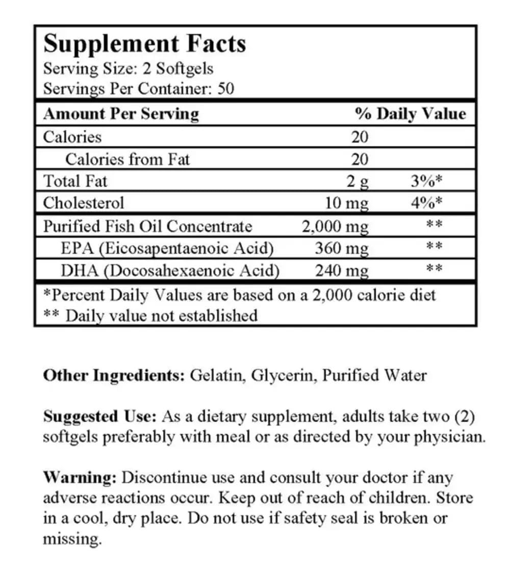 Omega 3 Fish Oil 1000mg 100 Softgels C799394