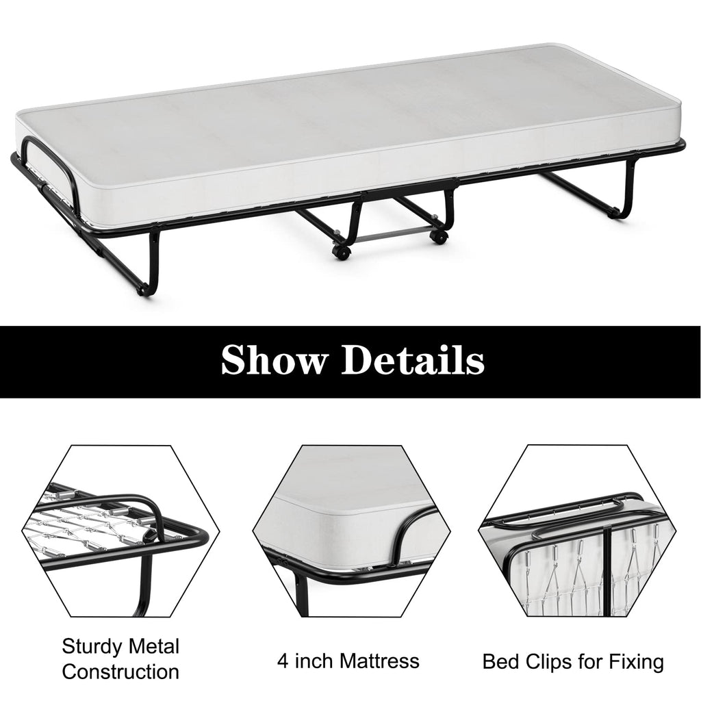 Folding Bed with Memory Foam Mattress and Metal Frame on Wheels F324091