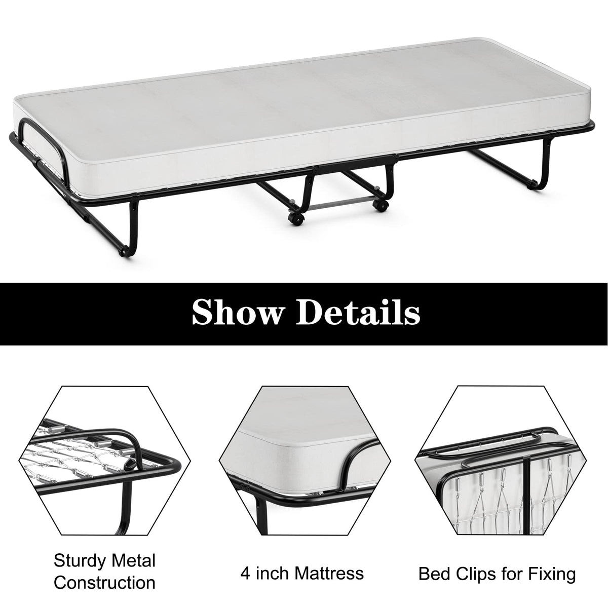 Folding Bed with Memory Foam Mattress and Metal Frame on Wheels F324091