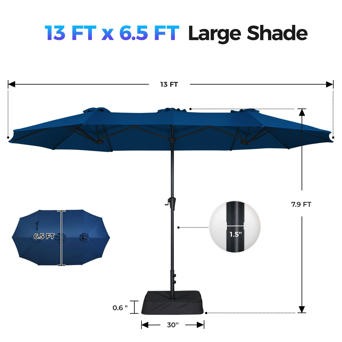 13FT Double Sided Navy Blue Patio Umbrella with Base D47812