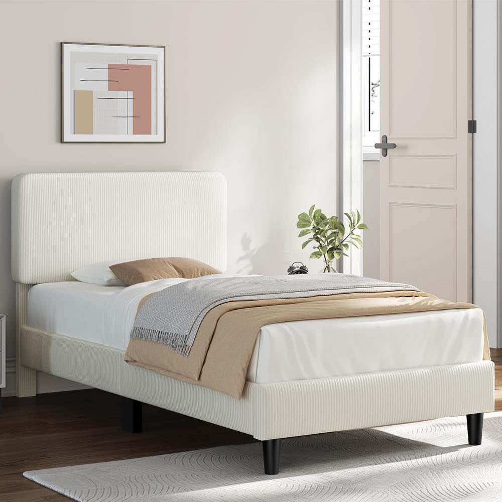 Twin Bed Frame with Adjustable Chenille Upholstered Headboard, Beige G7394