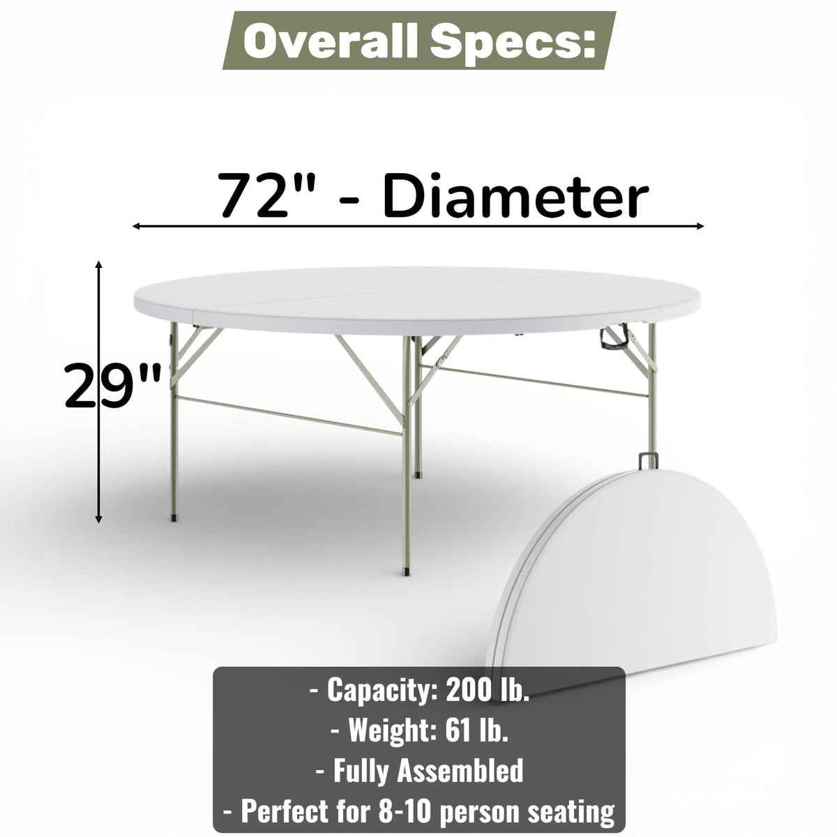6 Ft Round Bi-Fold Folding Table with 10 Chairs W334694
