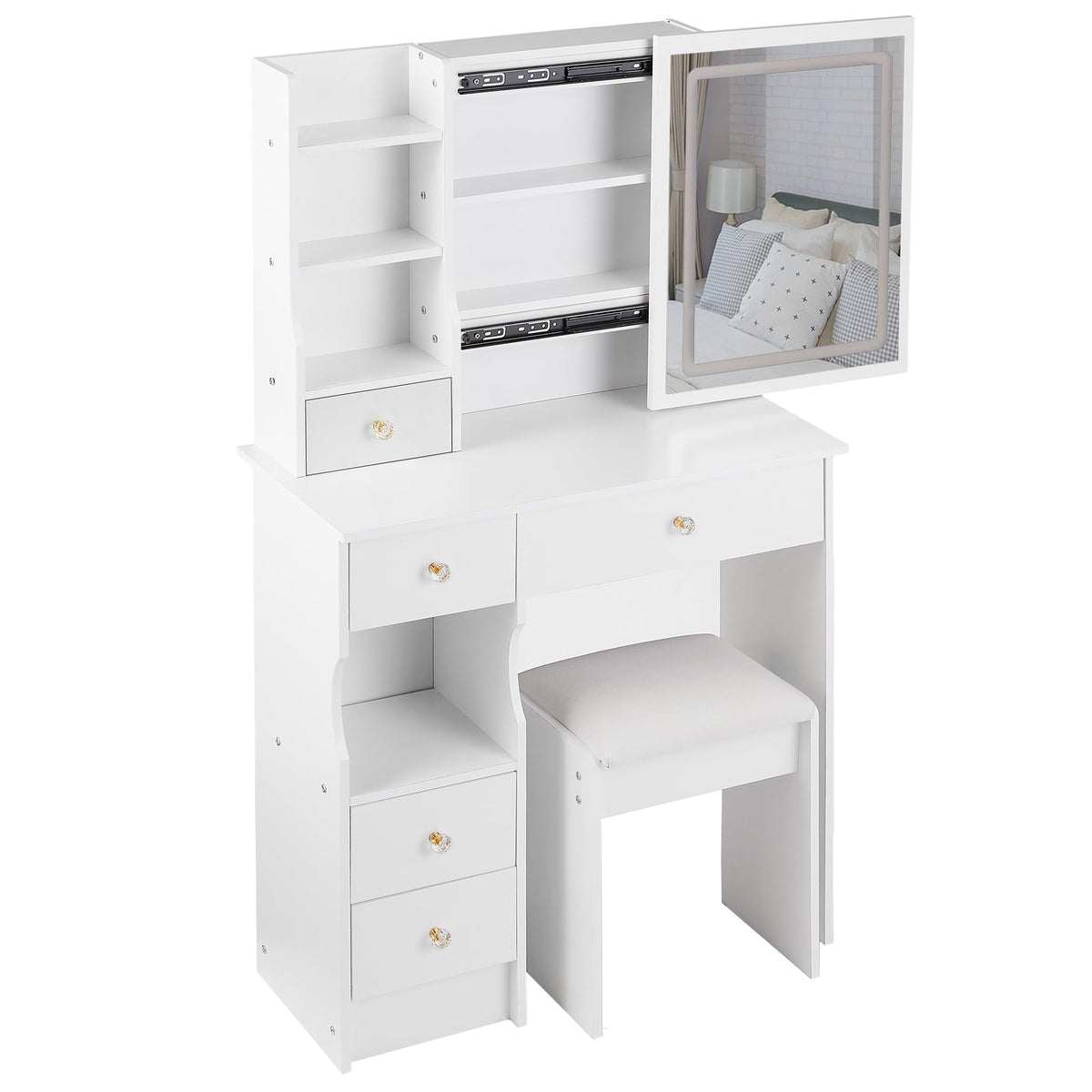 White Vanity Desk with Lighted Mirror and Stool G5490