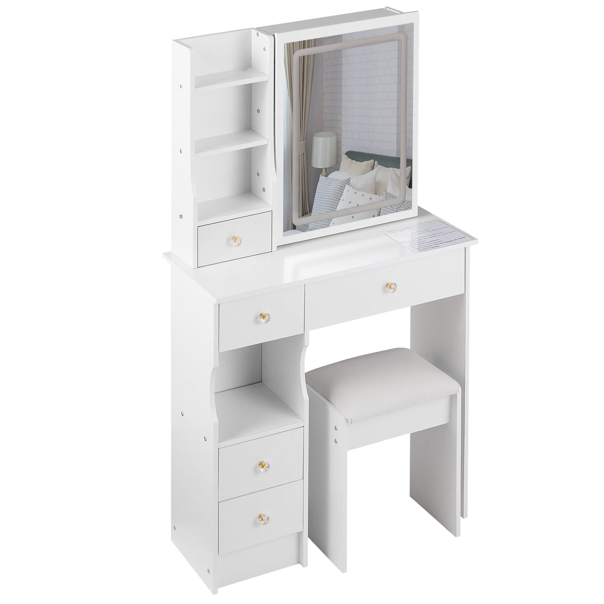 White Vanity Desk with Lighted Mirror and Stool G5490