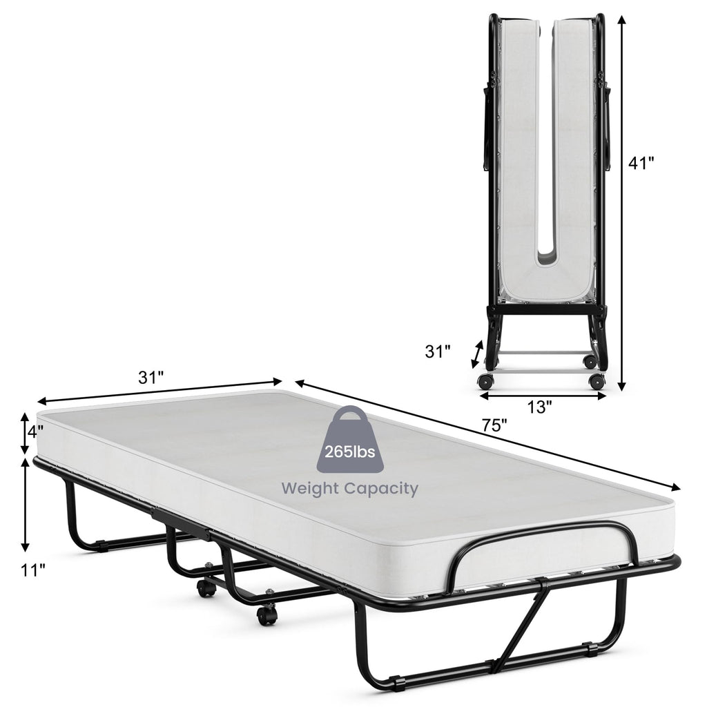 Folding Bed with Memory Foam Mattress and Metal Frame on Wheels F324091