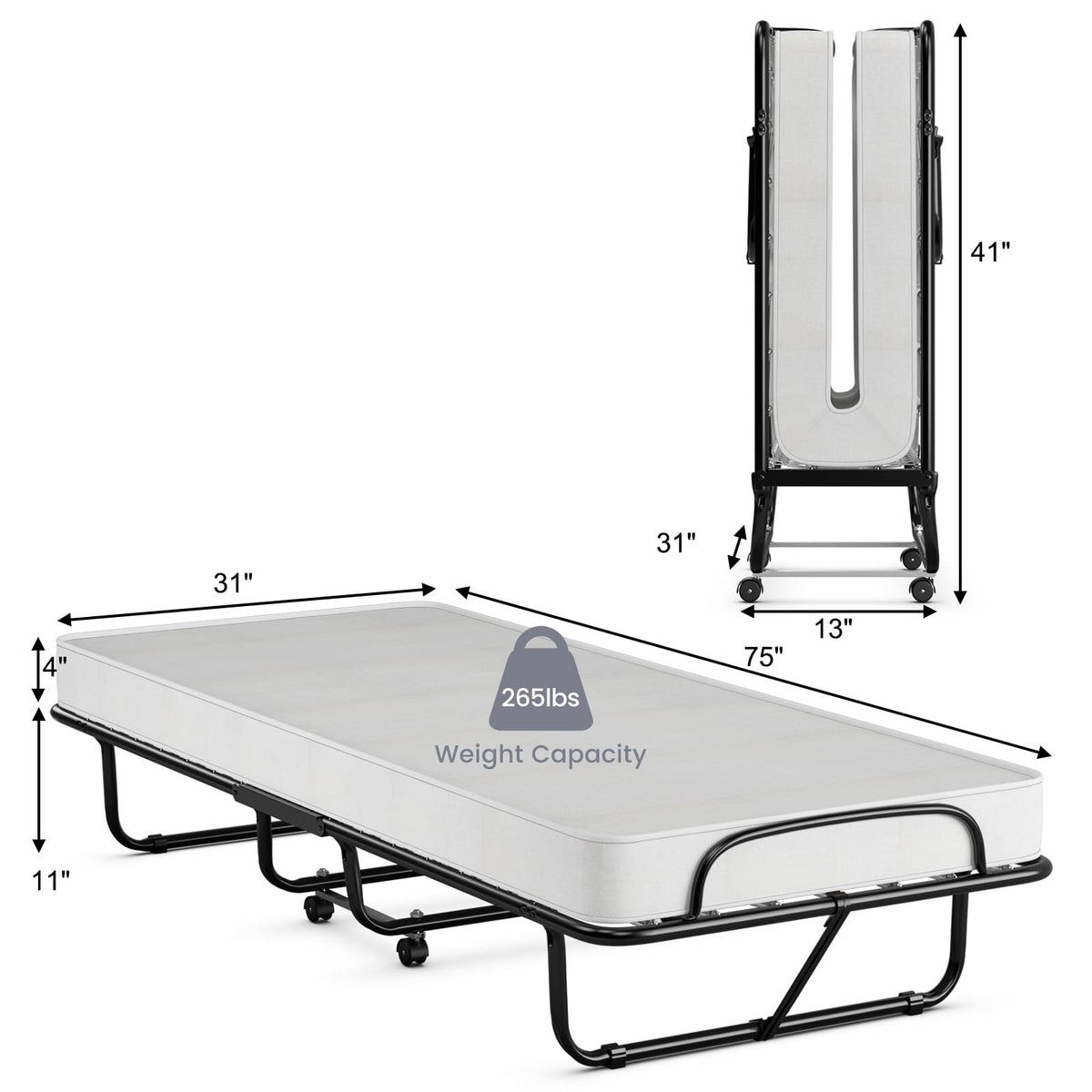 Folding Bed with Memory Foam Mattress and Metal Frame on Wheels F324091