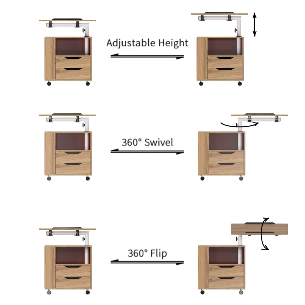 23.6in Rolling Nightstand with 2 Drawers and Shelf Oak J7839