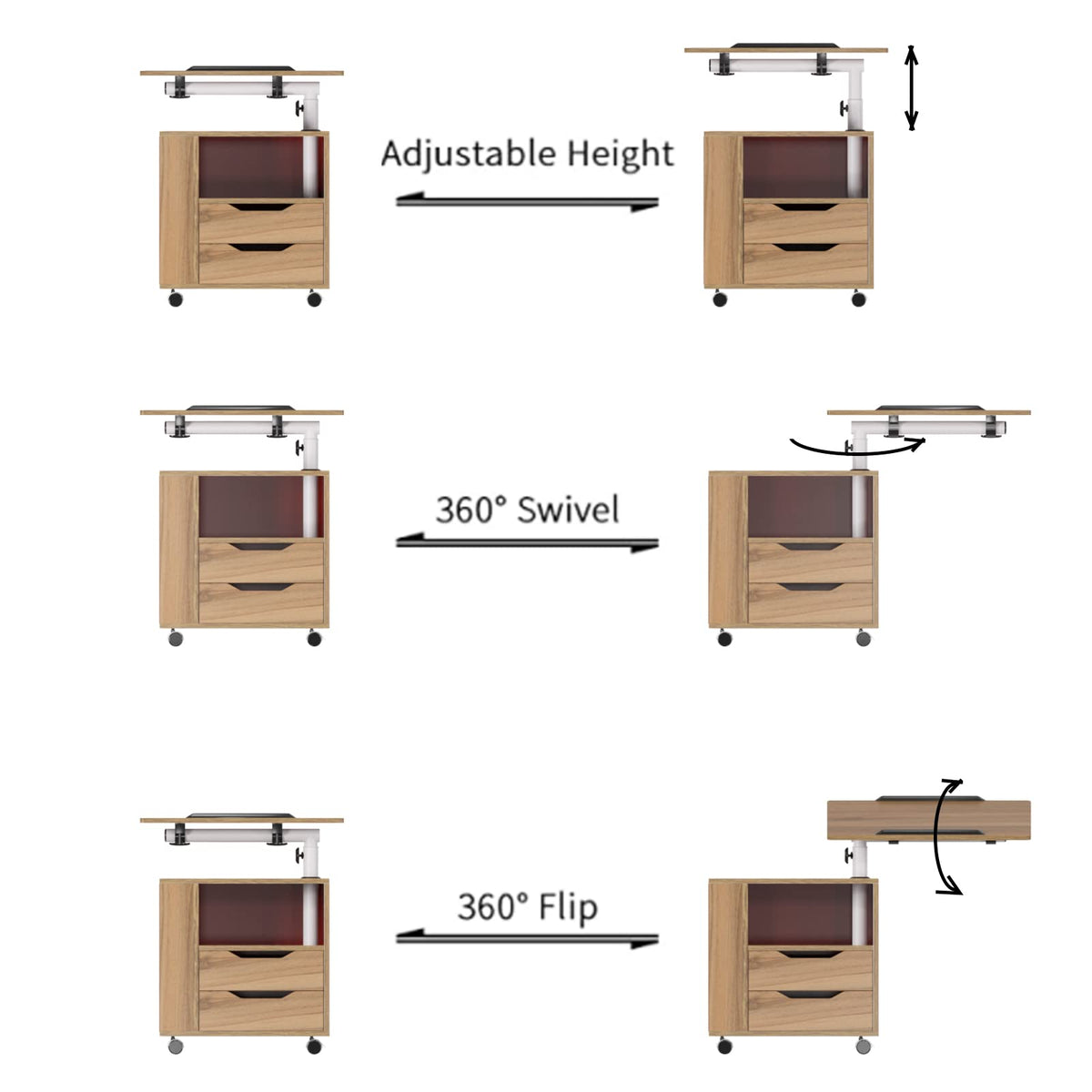 23.6in Rolling Nightstand with 2 Drawers and Shelf Oak J7839