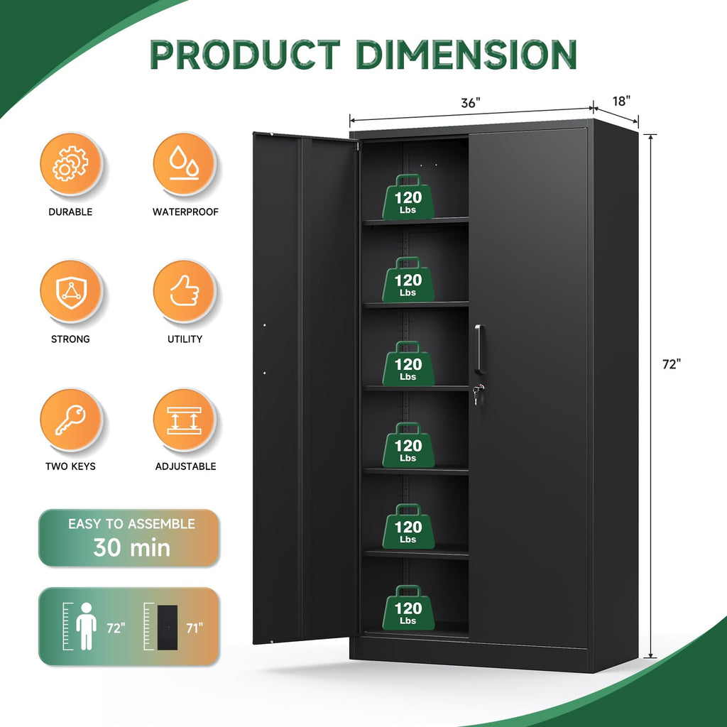 Metal Garage Storage Cabinets with Lock, 72 Tall Steel Lockers, 5 Adjustable Shelves, Black T1466