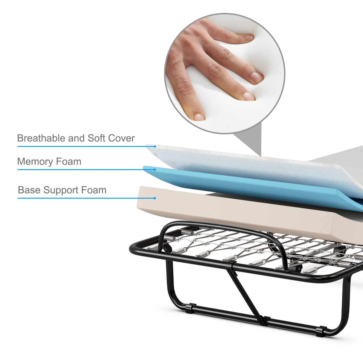 Folding Bed with Memory Foam Mattress and Metal Frame on Wheels F324091