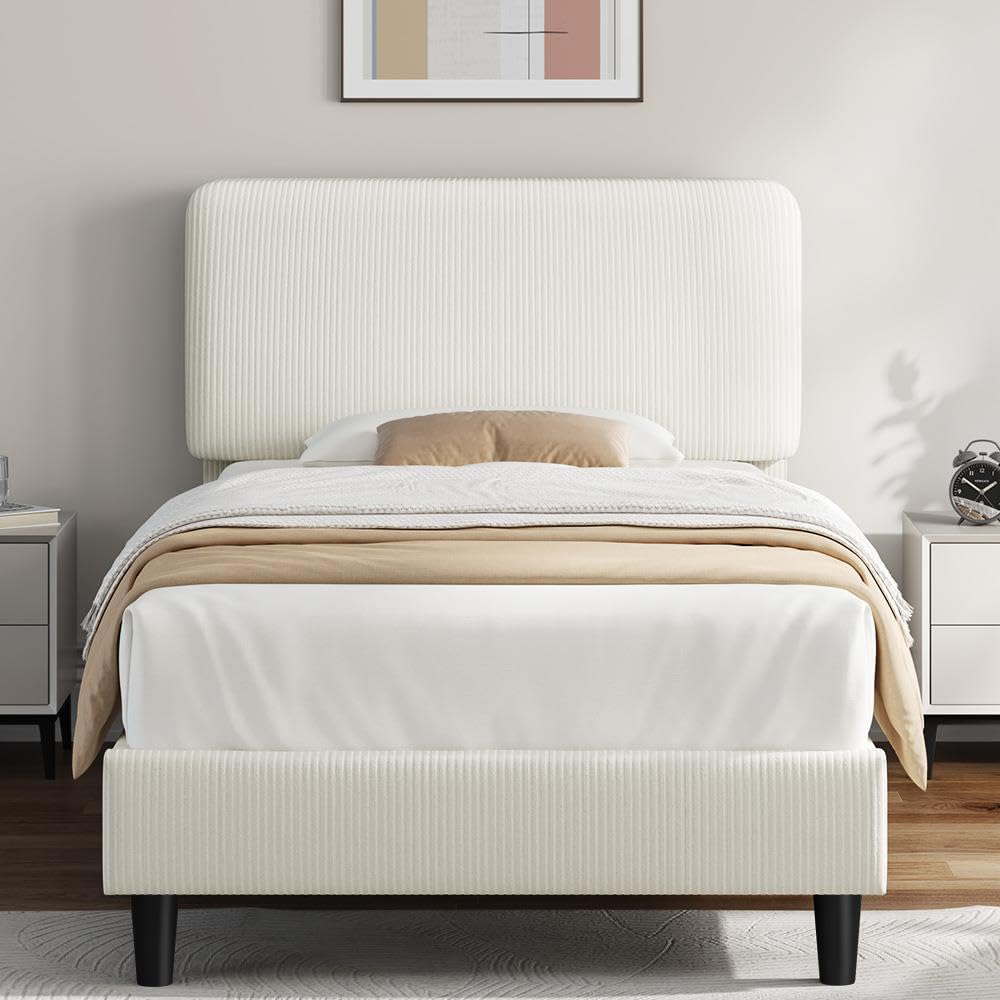 Twin Bed Frame with Adjustable Chenille Upholstered Headboard, Beige G7394