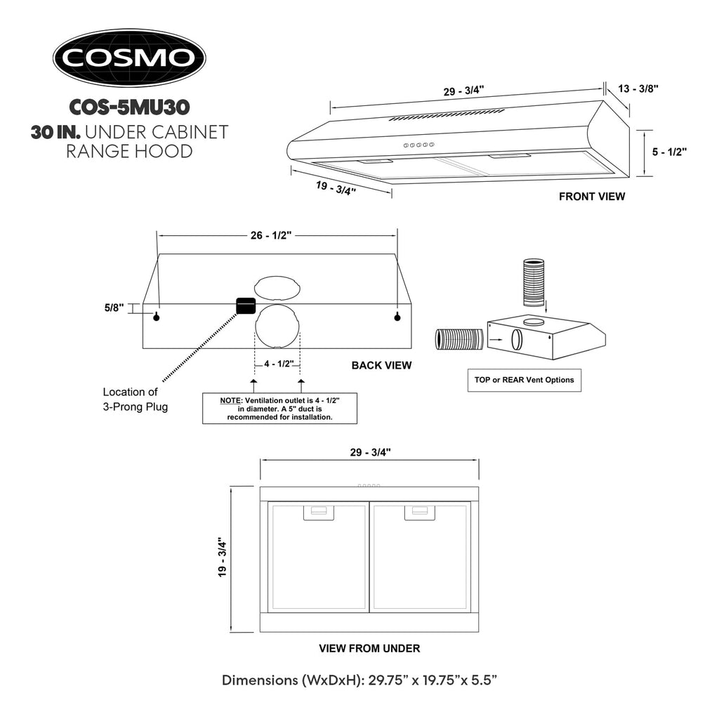 30 in. Under Cabinet Range Hood with LED Lights, Stainless Steel U307