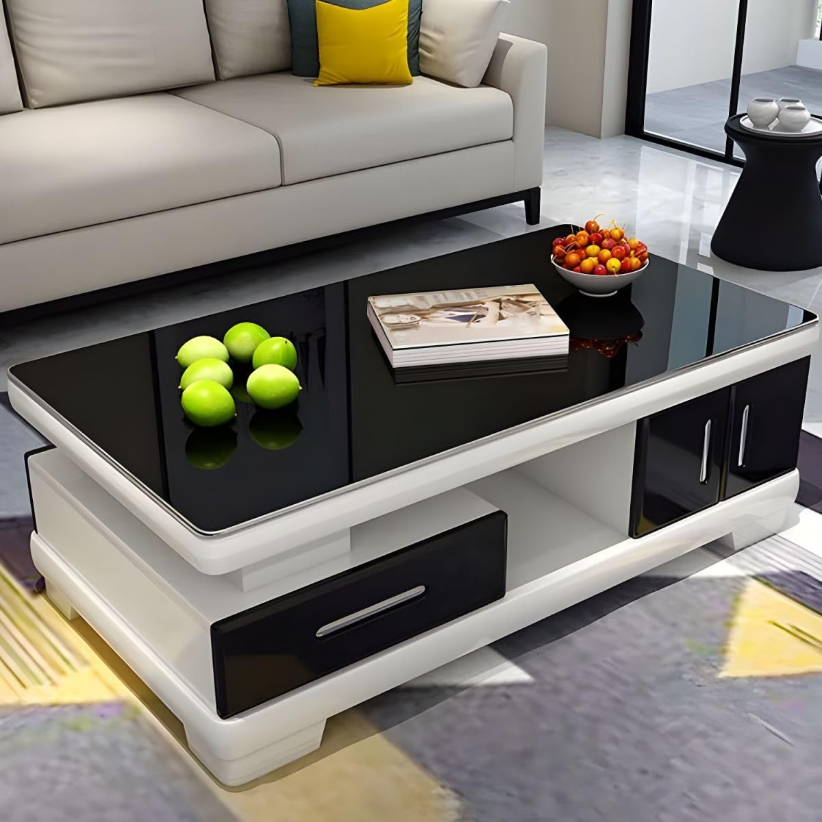 Modern Rectangular Glass Coffee Table with White Wood Base and Storage G197