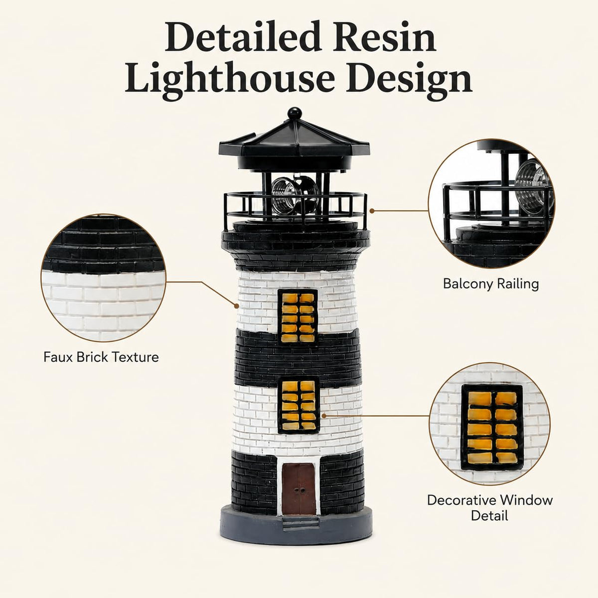 Solar Lighthouse Garden Light, Resin Outdoor Lighthouse Ornament with Rotating LED Beacon Q854318