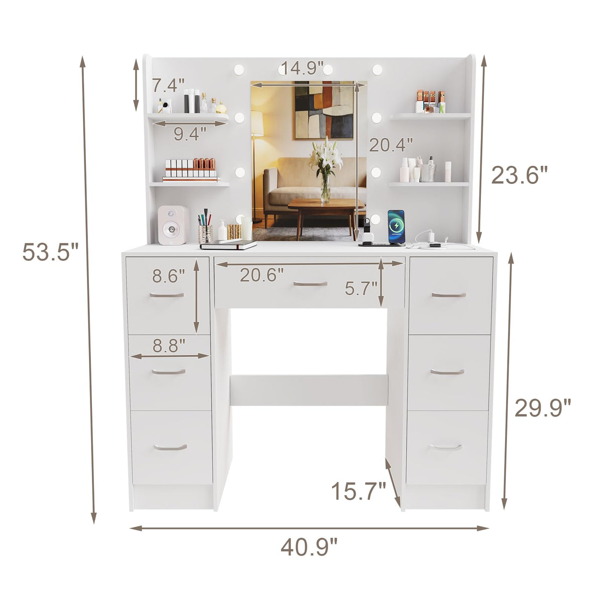 Large White Vanity Desk with LED Lighted Mirror & 7 Drawers W595