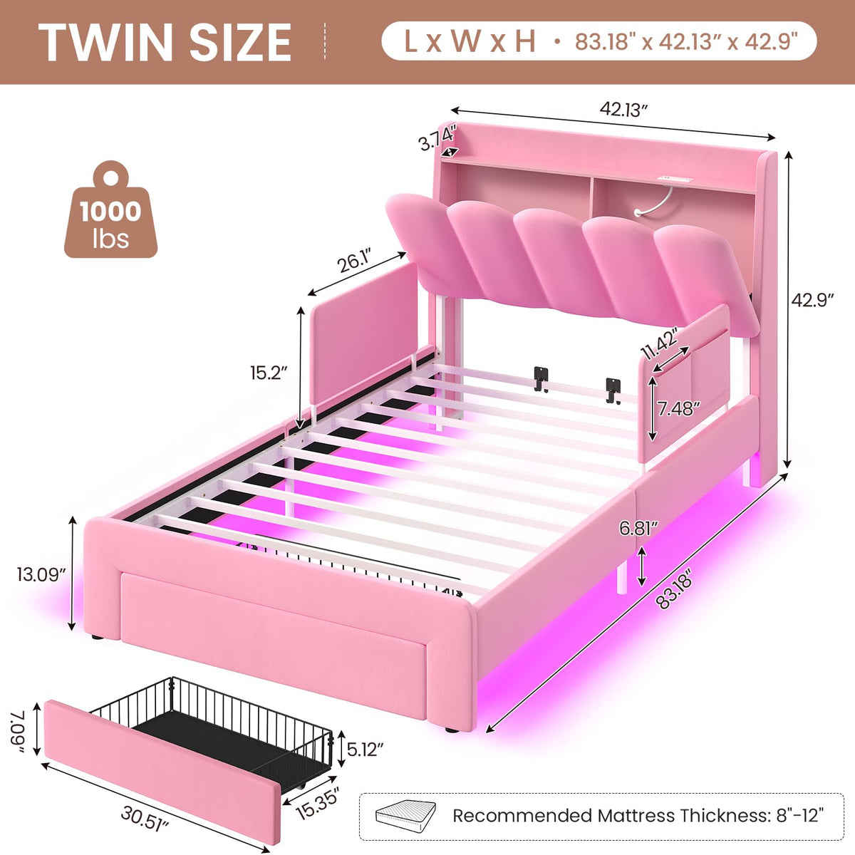 Pink Velvet Upholstered Twin Size Platform Bed with Storage Drawer J826