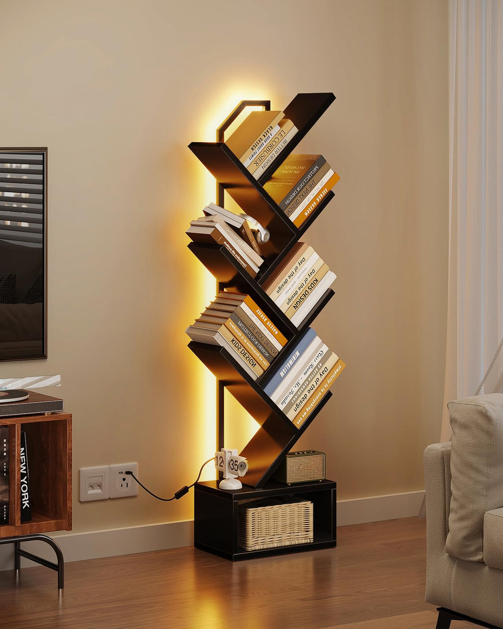 Black 6-Tier Tree Bookshelf with LED Lights X110616