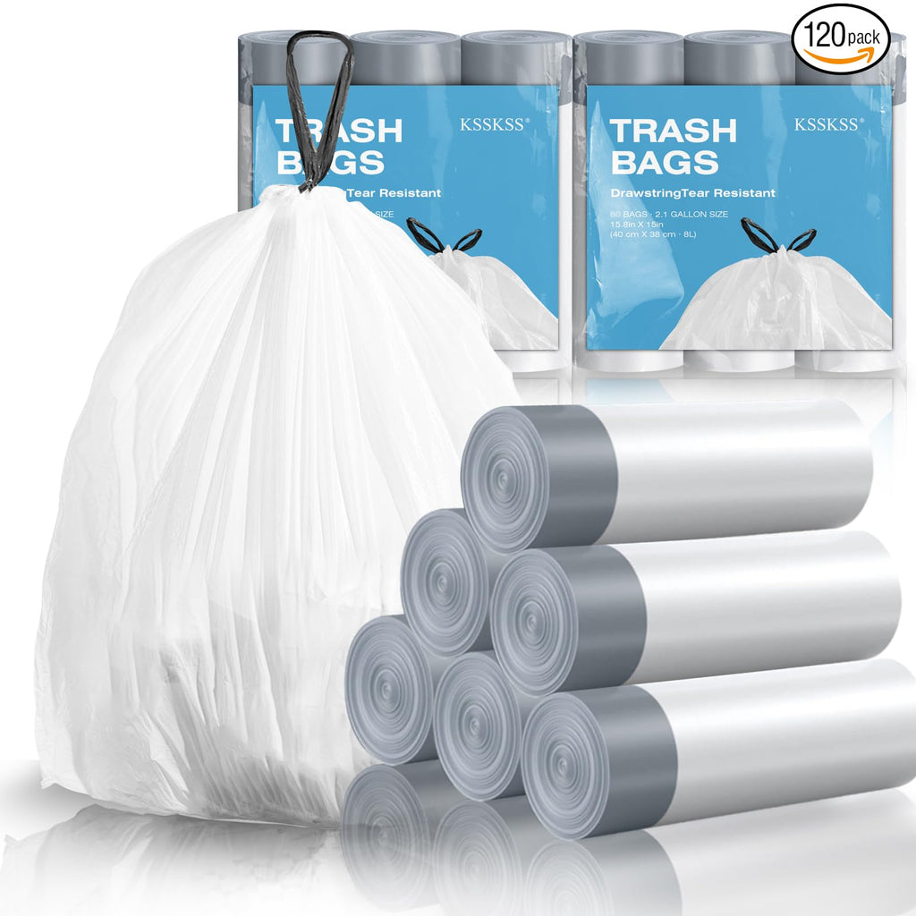 1.6 Gallon Mini Drawstring Trash Bags, 120 Counts White Trash Bin Liners L486