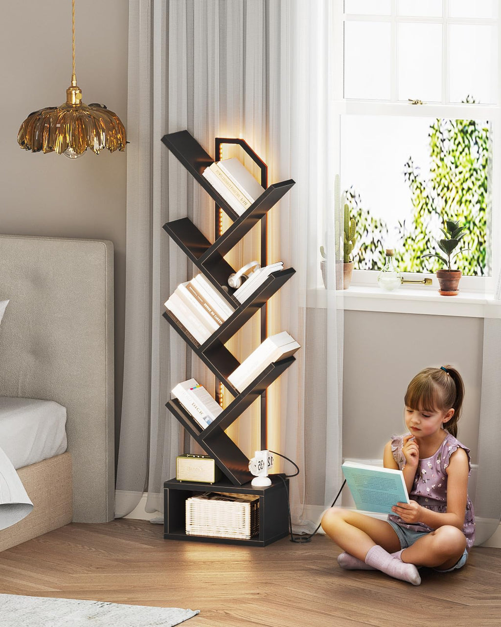 Black 6-Tier Tree Bookshelf with LED Lights X110616