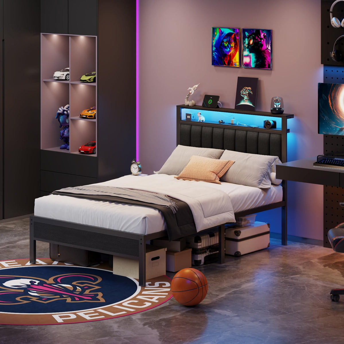 Full Size Bed Frame with Charging Station and LED Lights P24101