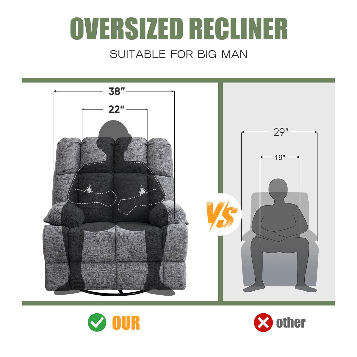 Oversized Chenille Grey Swivel Rocker Recliner Q734