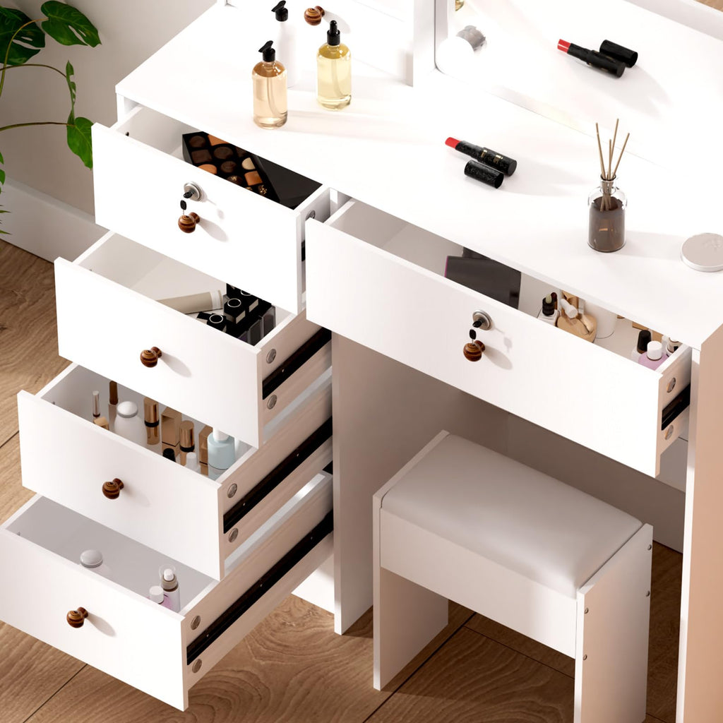 White Vanity Mirror with Lights Desk and Chair 5 Drawers Makeup Table U7573