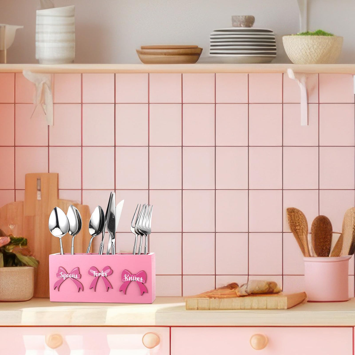 Pink Wood Utensil Holder W121196