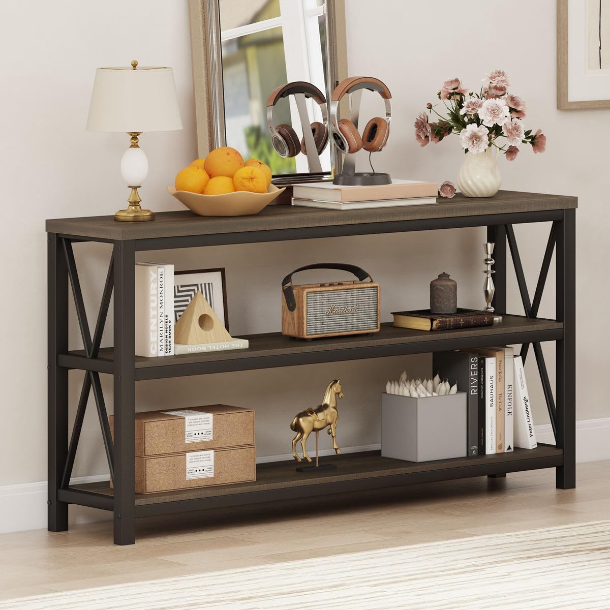 55 Inch Walnut Brown Wood and Metal Console Table with 3 Tier Shelves D9868