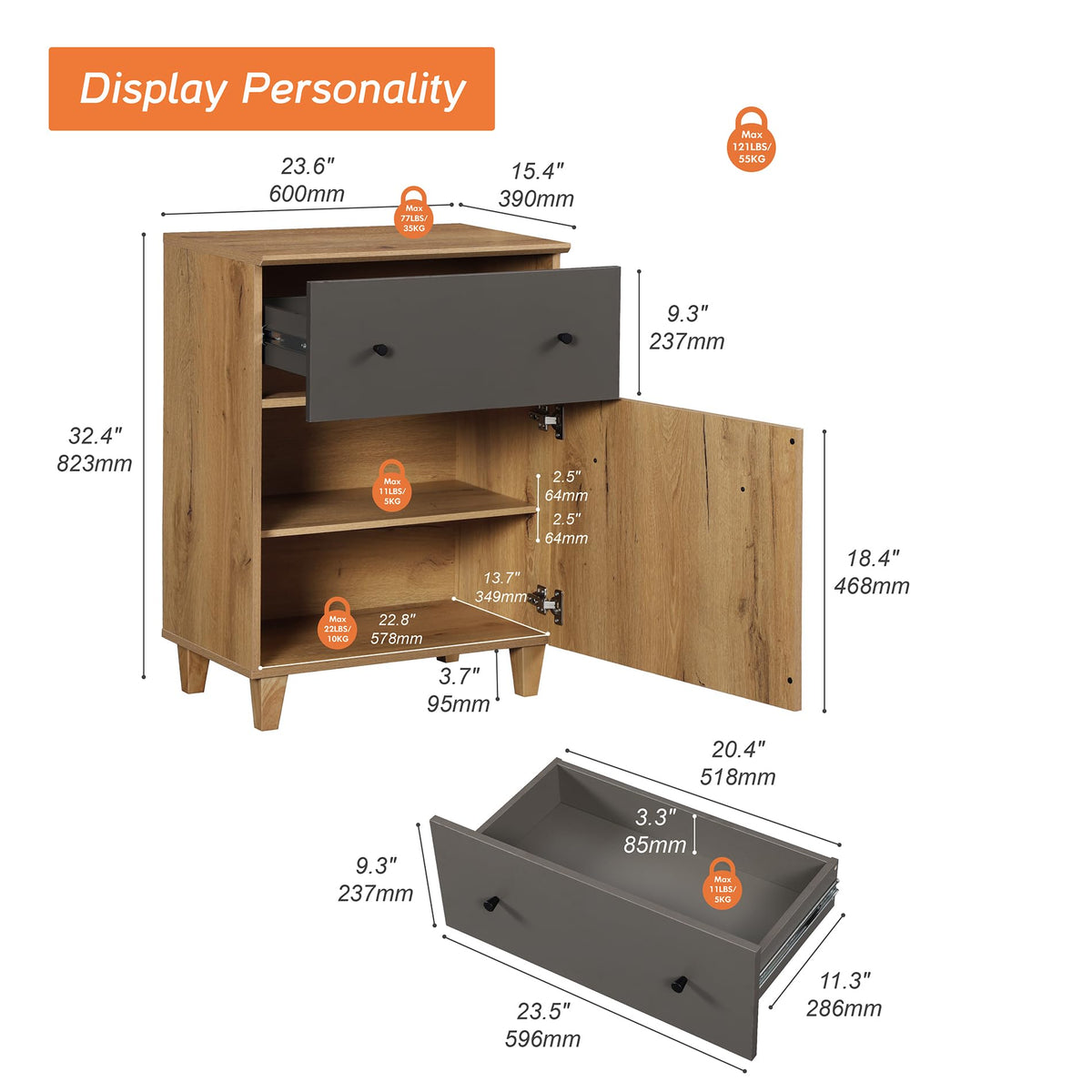 Oak Brown Dark Grey Wood Storage Cabinet with Drawer and Door K888305