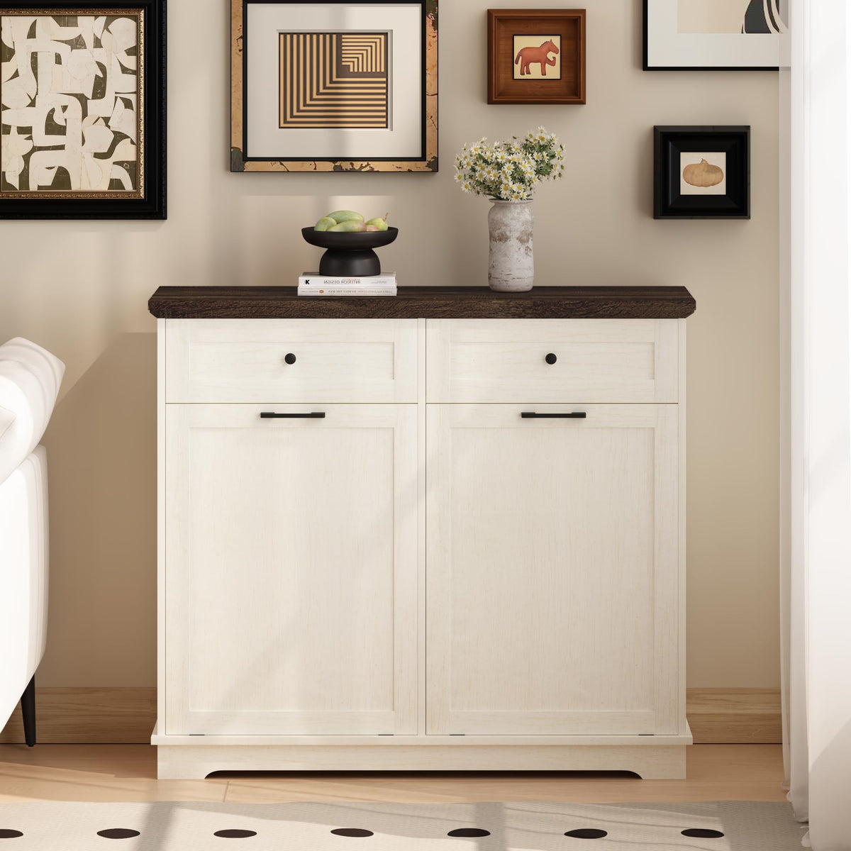 20 Gallon Double Tilt Out Wood Trash Can Cabinet with Drawer A86665