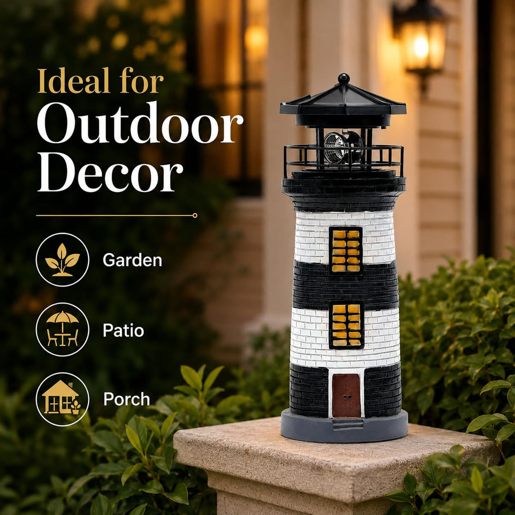 Solar Lighthouse Garden Light, Resin Outdoor Lighthouse Ornament with Rotating LED Beacon Q854318
