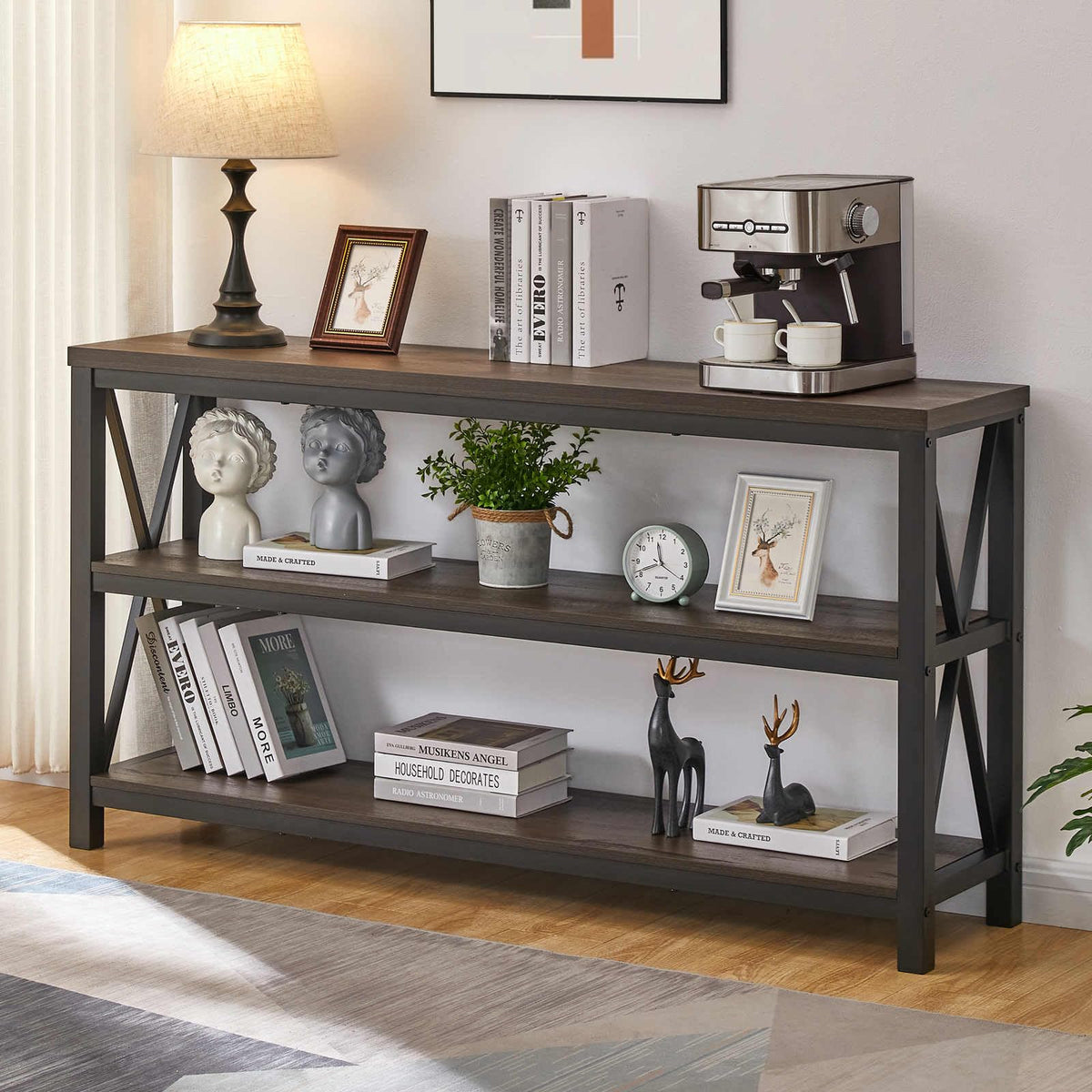 55 Inch Walnut Brown Wood and Metal Console Table with 3 Tier Shelves D9868