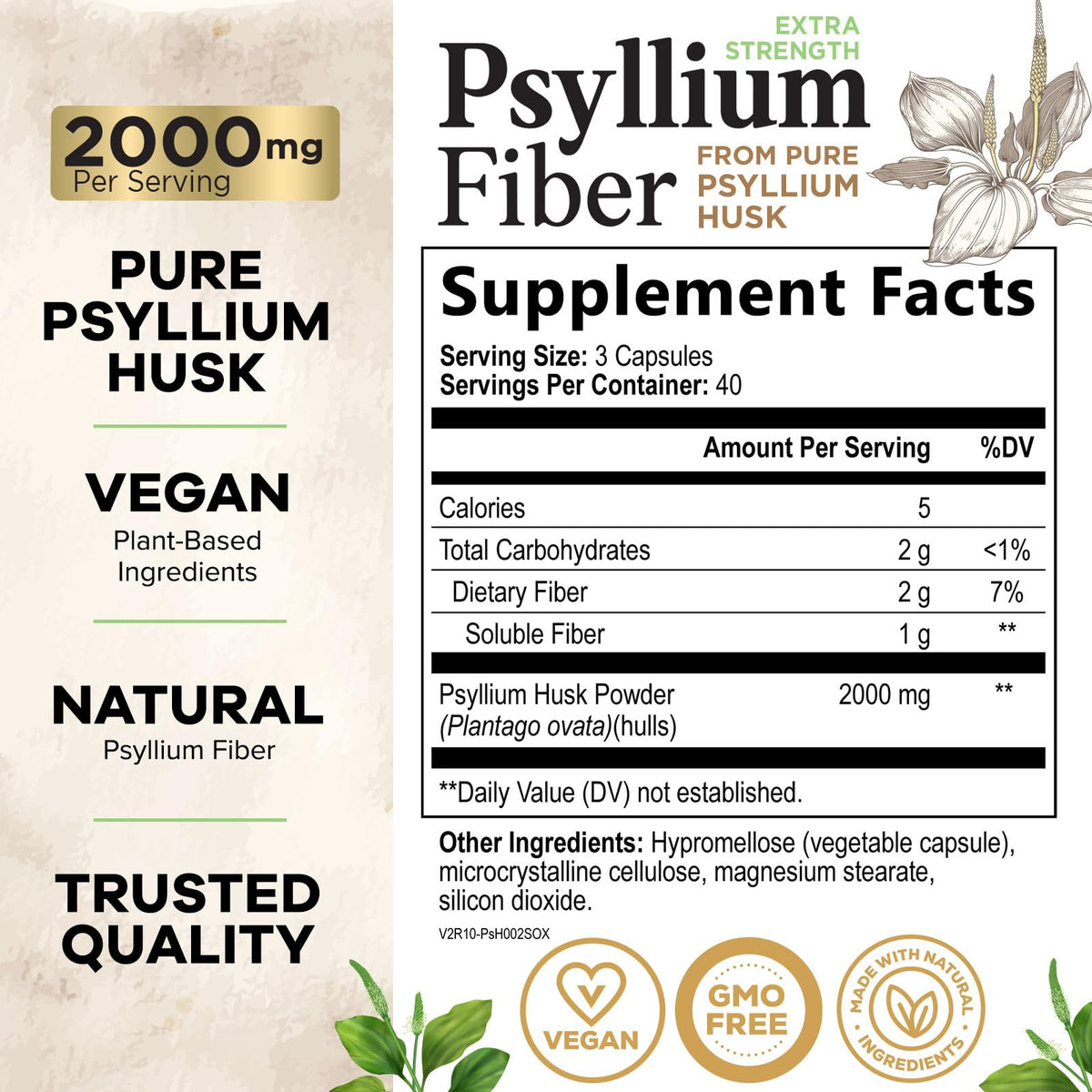 Psyllium Husk Capsules 2000 mg 120 Capsules U219