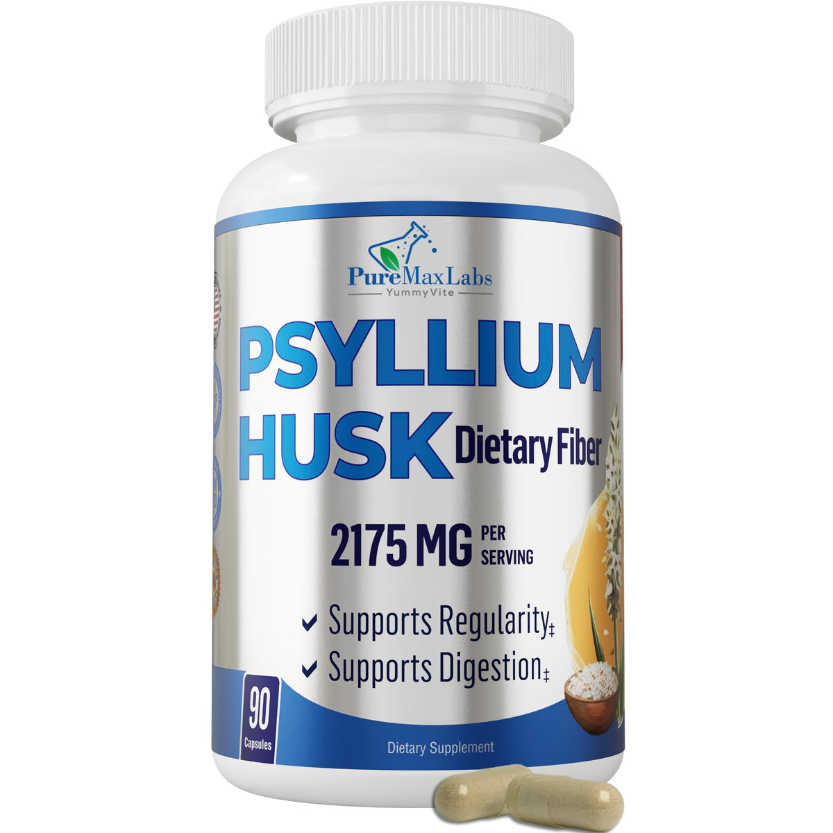 Psyllium Husk Dietary Fiber Supplement 2175mg 90 Capsules C57148