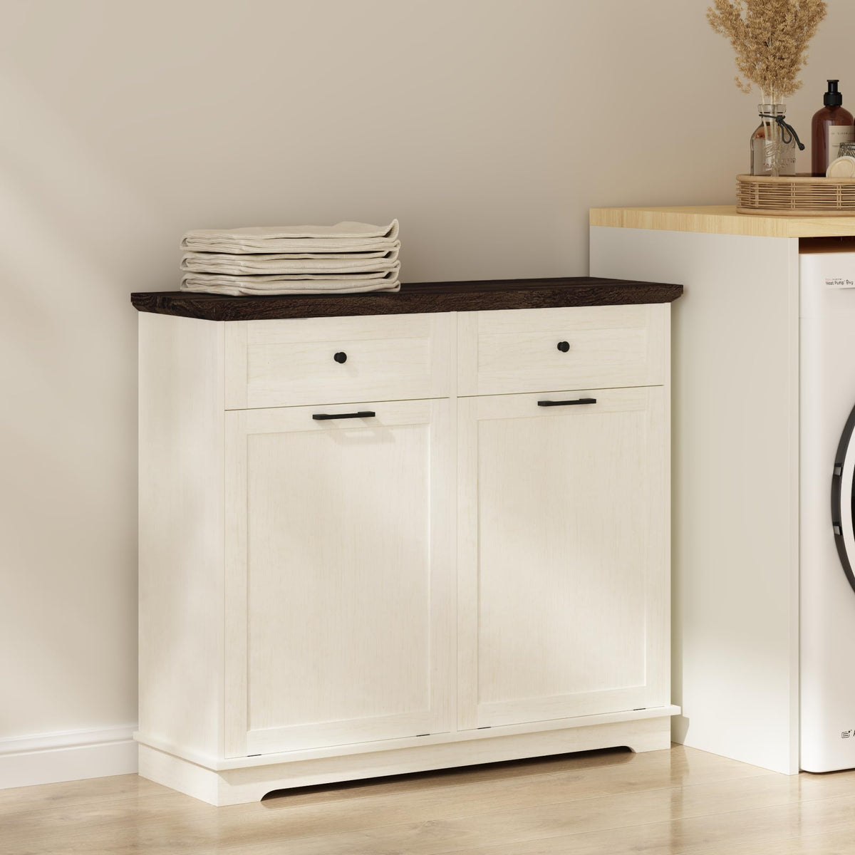 20 Gallon Double Tilt Out Wood Trash Can Cabinet with Drawer A86665