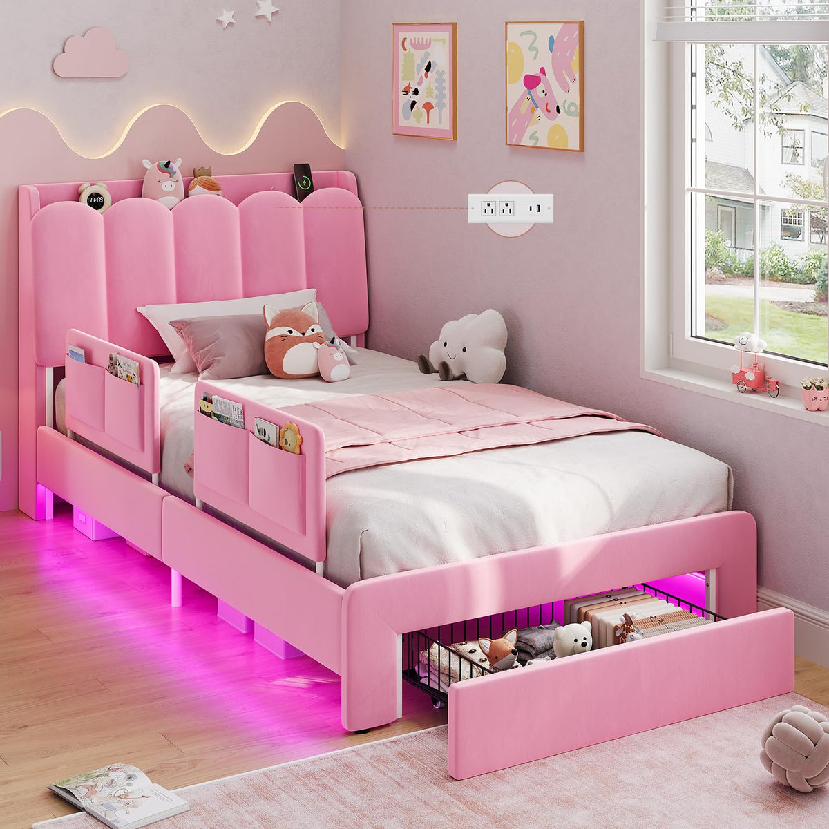 Pink Velvet Upholstered Twin Size Platform Bed with Storage Drawer J826