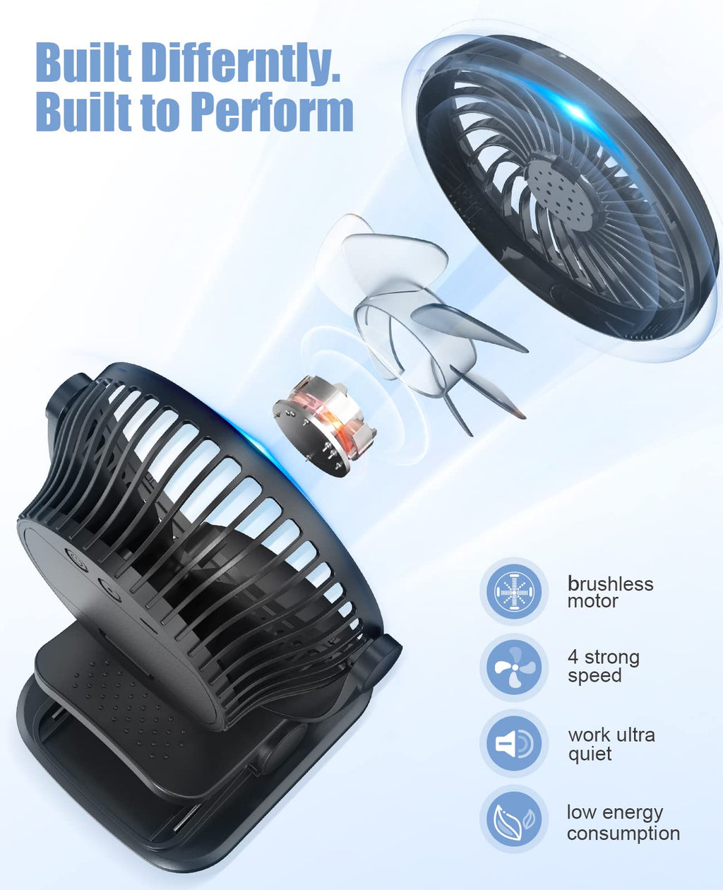 Battery Operated Clip on Fan, USB Powered Portable Desk Fan 4 Speeds P1725