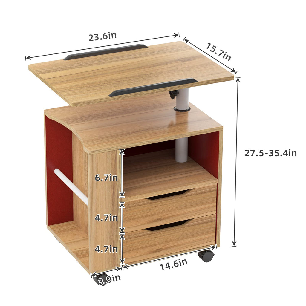 23.6in Rolling Nightstand with 2 Drawers and Shelf Oak J7839