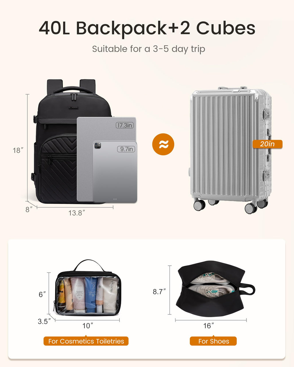 40L Waterproof Travel Backpack with 2 Cubes R407488