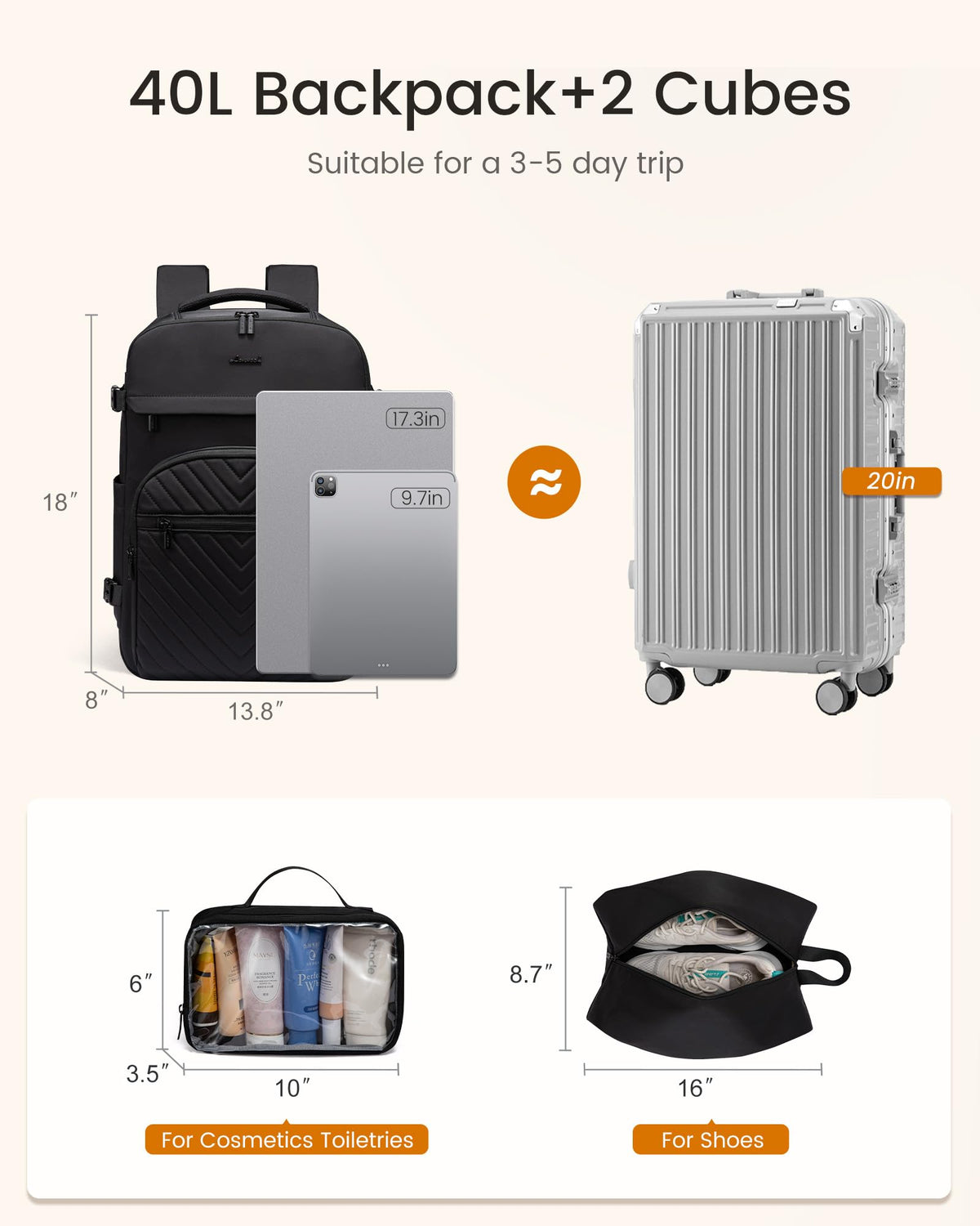 40L Waterproof Travel Backpack with 2 Cubes R407488