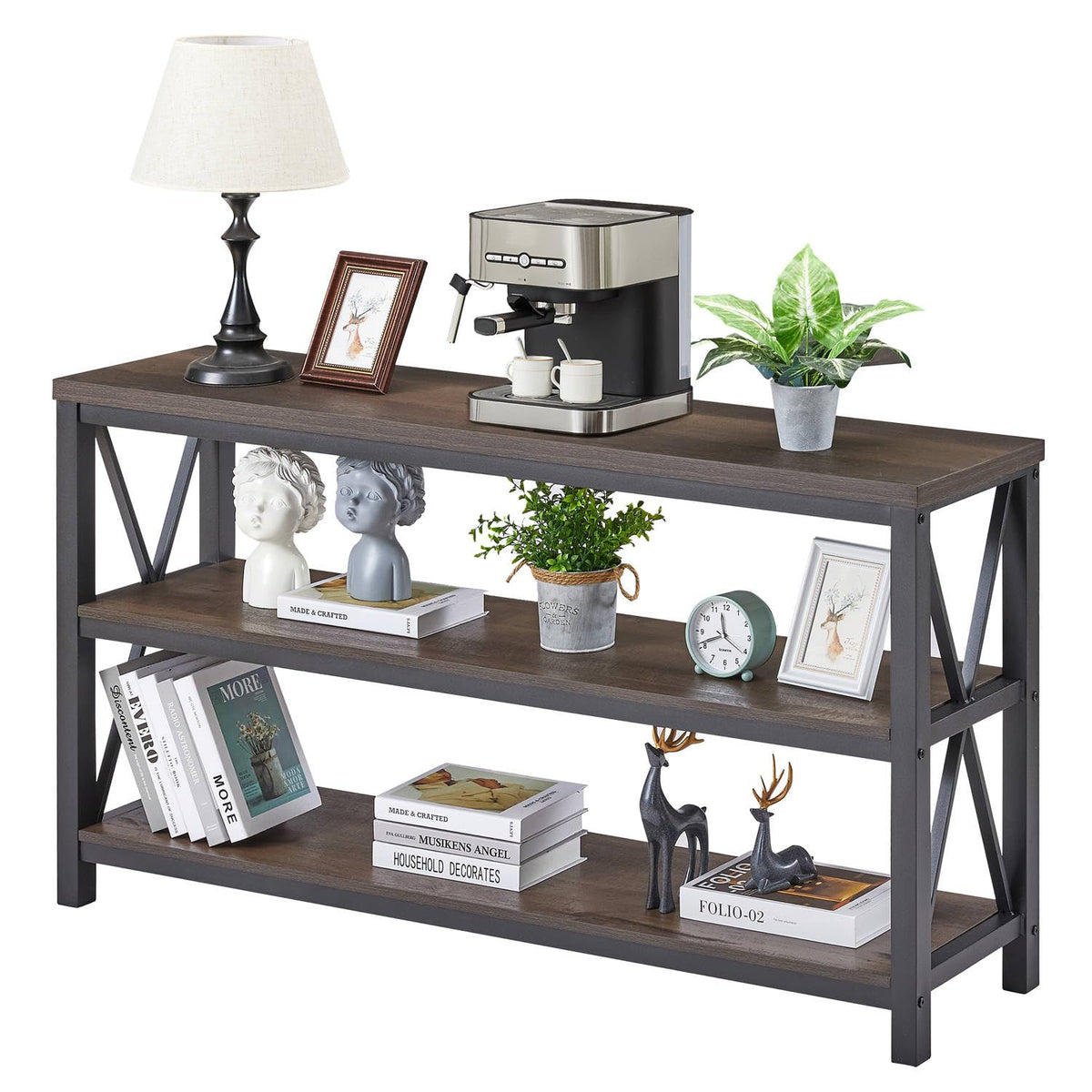 55 Inch Walnut Brown Wood and Metal Console Table with 3 Tier Shelves D9868