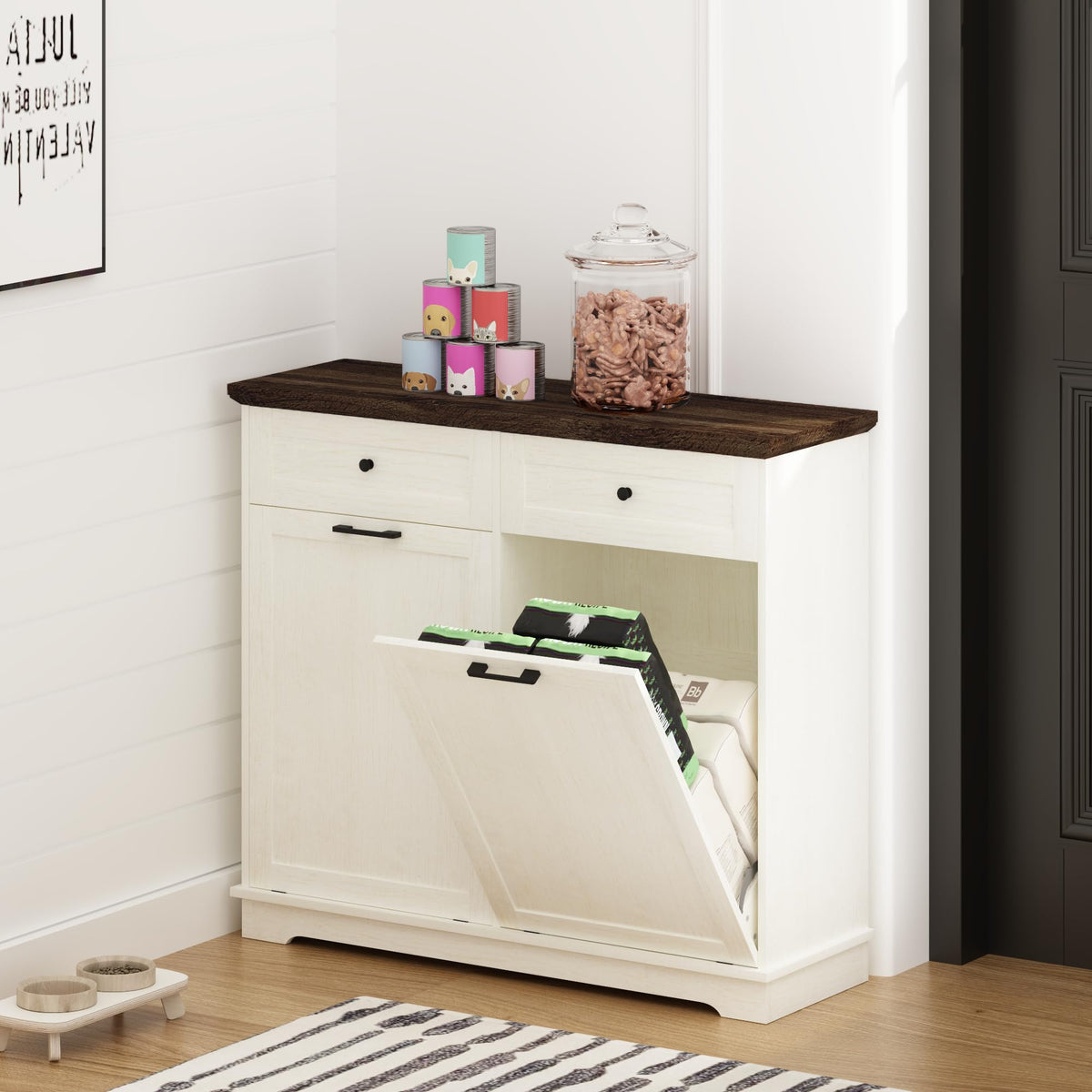 20 Gallon Double Tilt Out Wood Trash Can Cabinet with Drawer A86665
