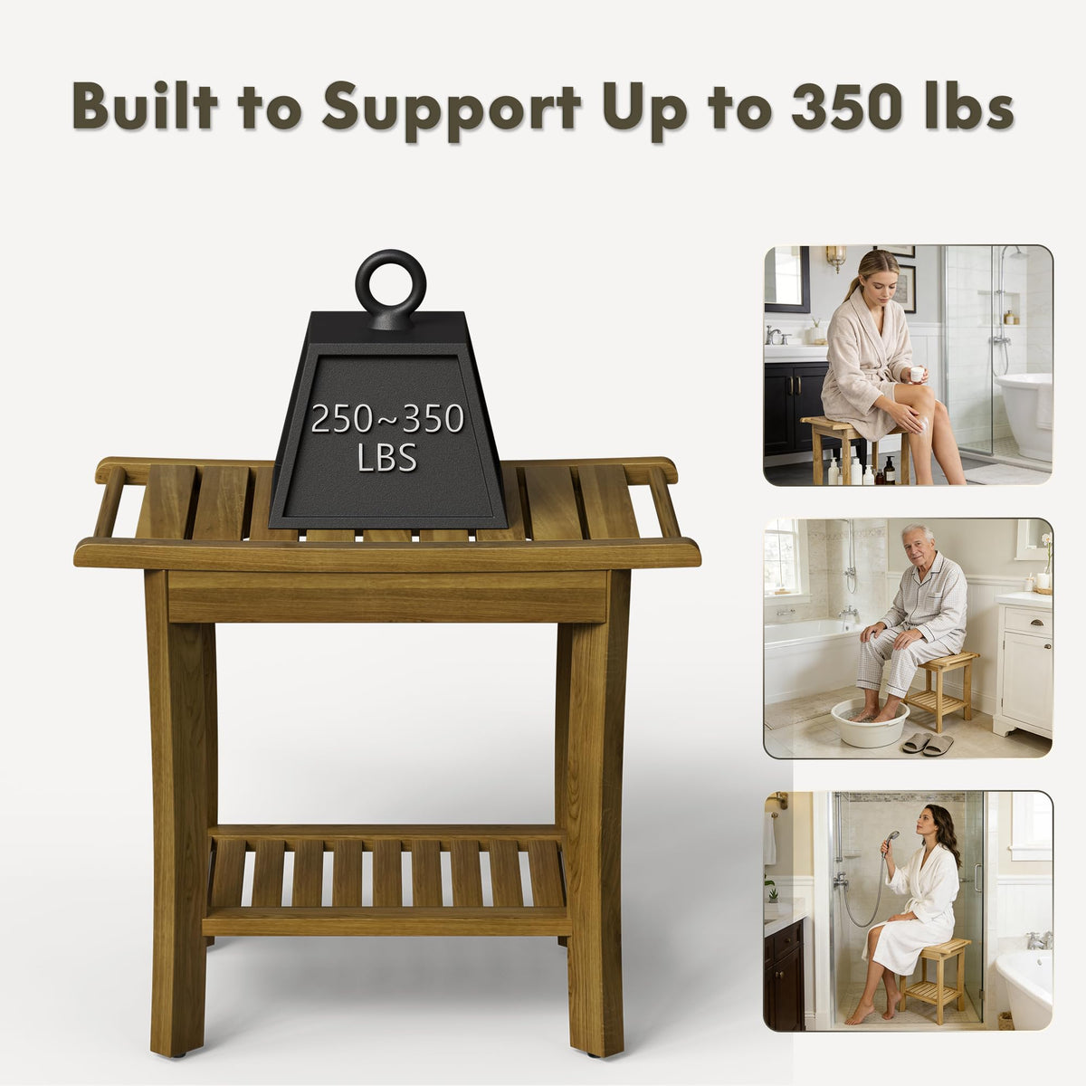 Teak Wood Shower Bench with Shelf & Arms D794