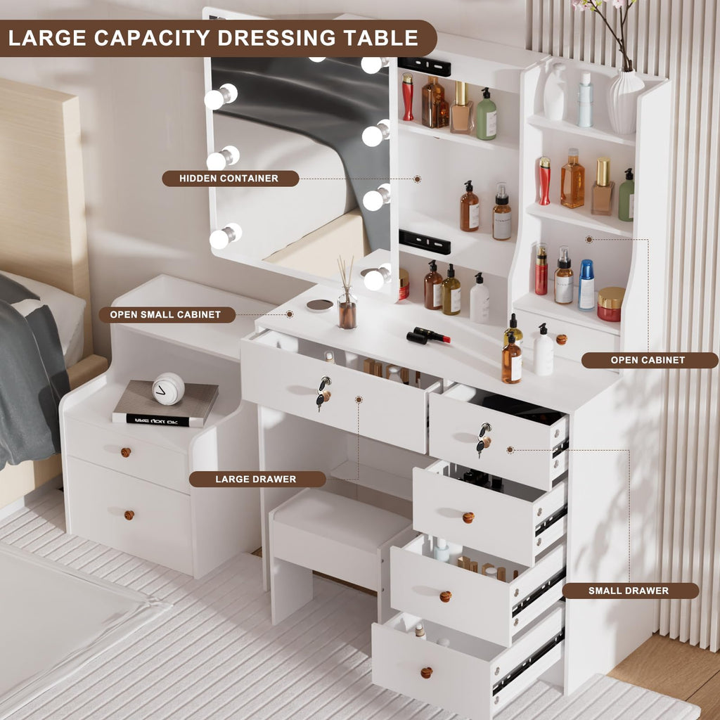 White Vanity Mirror with Lights Desk and Chair 5 Drawers Makeup Table U7573
