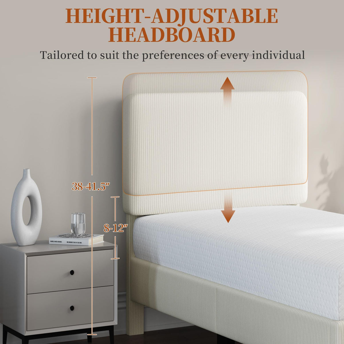 Twin Bed Frame with Adjustable Chenille Upholstered Headboard, Beige G7394