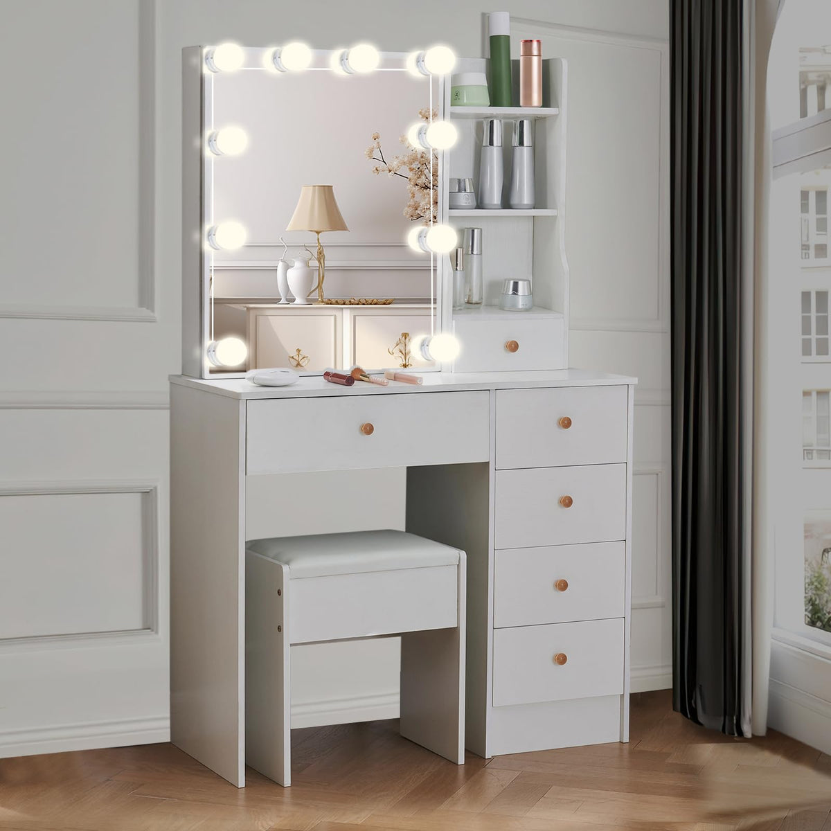 White Vanity Mirror with Lights Desk and Chair 5 Drawers Makeup Table U7573