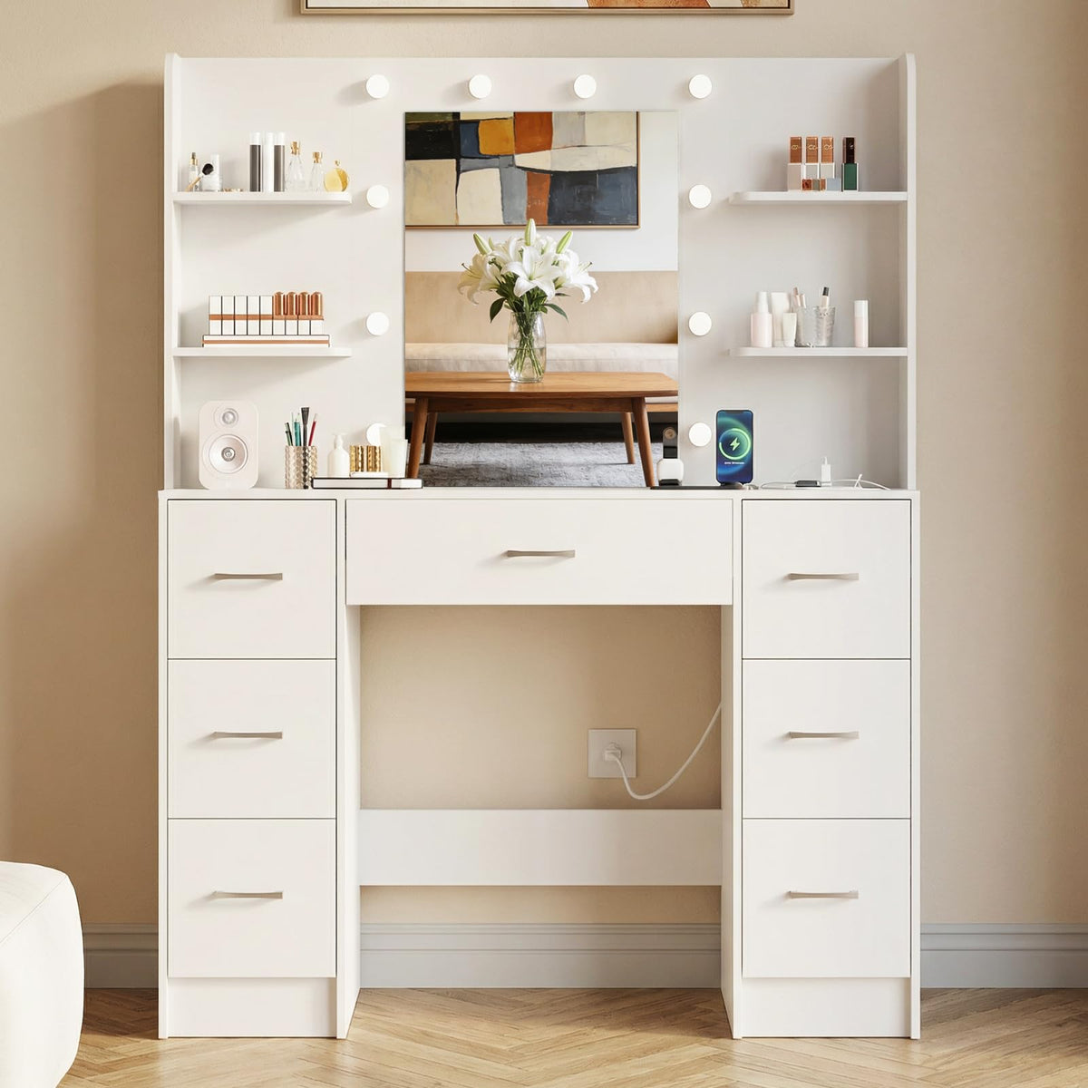 Large White Vanity Desk with LED Lighted Mirror & 7 Drawers W595